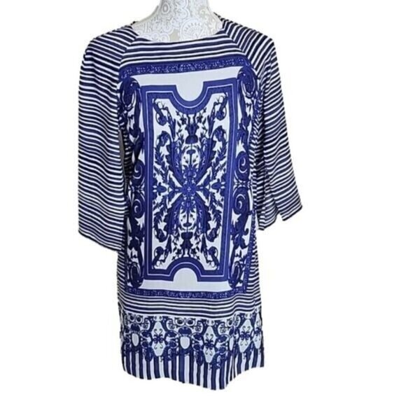Muse Mini Shift Dress blue & white design lined 3/4 Bell slit sleeves Women's 2 - Picture 1 of 6